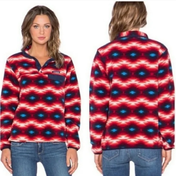 Patagonia Women’s Wild Desert Synchilla Snap T Fleece Pullover Red Aztec Print M - Picture 2 of 16